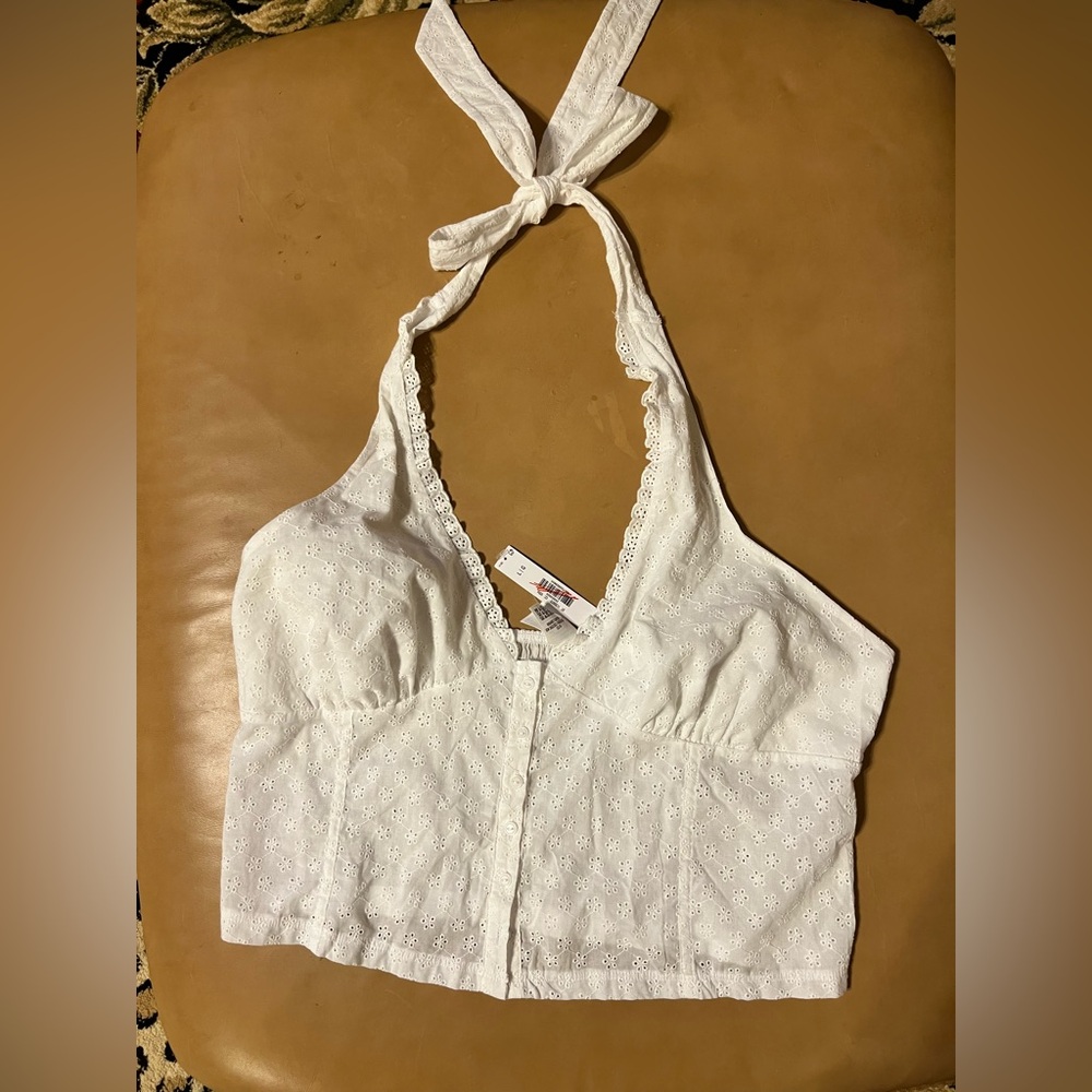 VS Pink by Frankie's Bikinis White Eyelet Button Front Halter Top Size Large